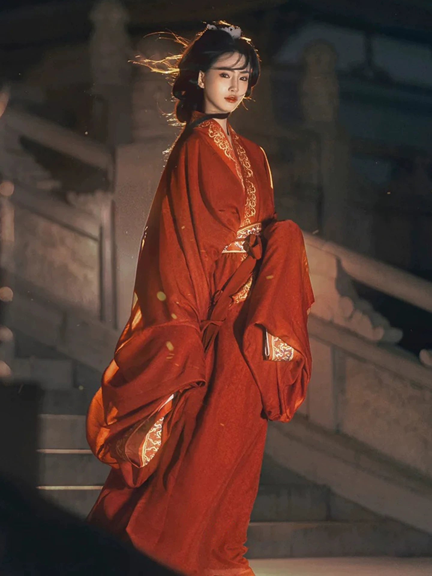 Red Graceful Flowing Long Sleeves Warring States Hanfu Robe - Historical Reproduction Version