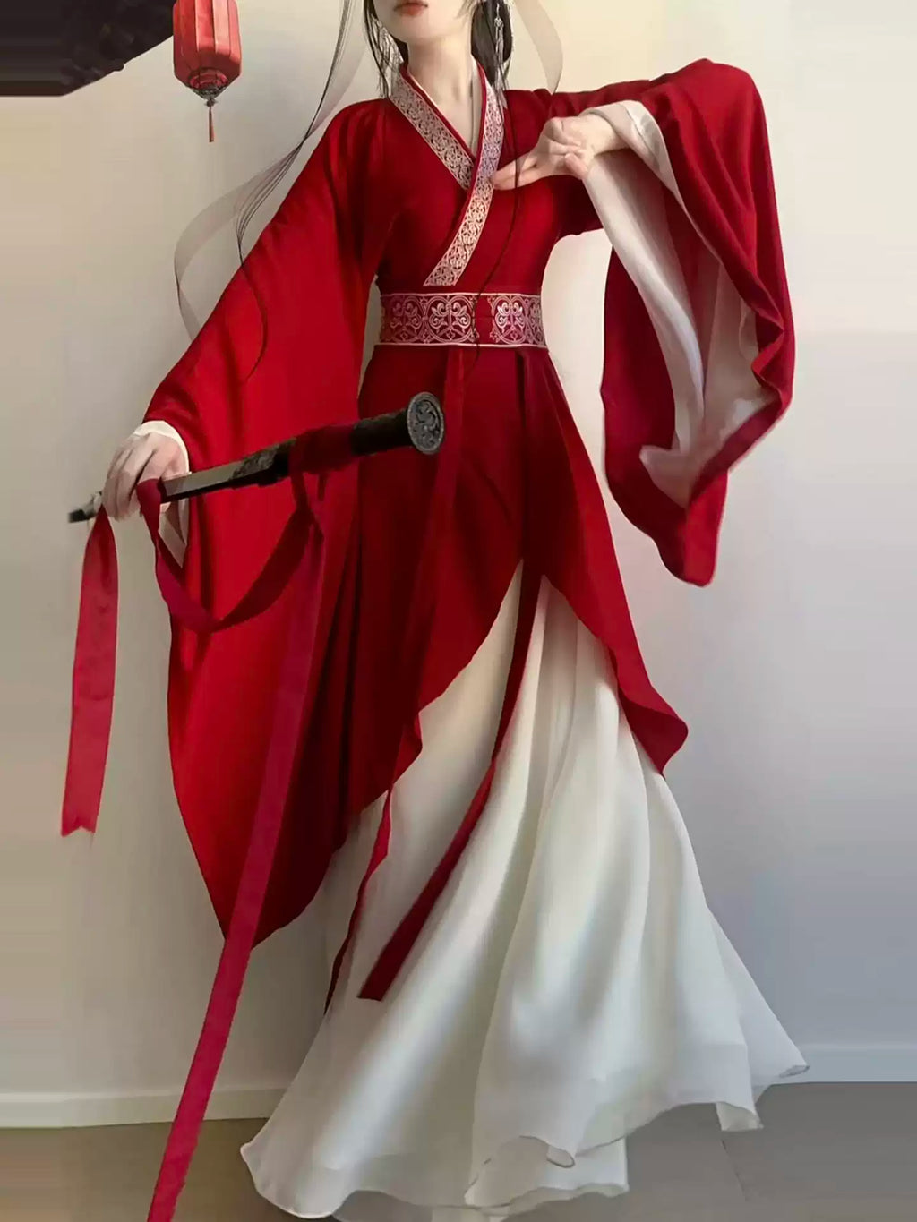 Red Wei–Jin Style Ethereal Cross Collar Wide Long Sleeves Hanfu Set