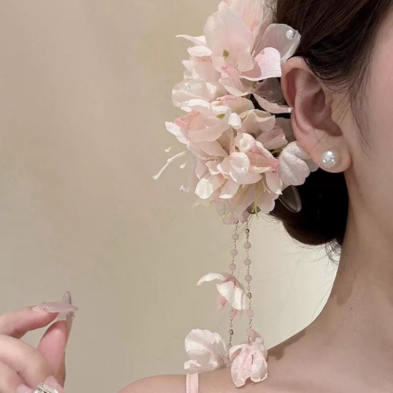 Petals & Pearls Vintage Floral Tassel Hair Clip - Romantic Seaside Aesthetic