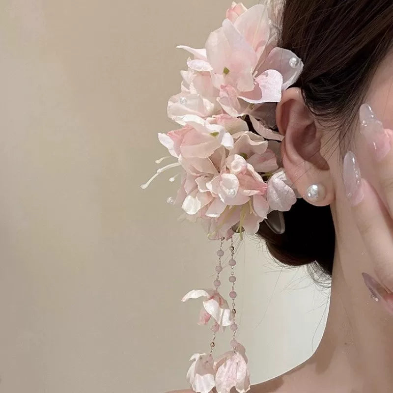 Petals & Pearls Vintage Floral Tassel Hair Clip - Romantic Seaside Aesthetic