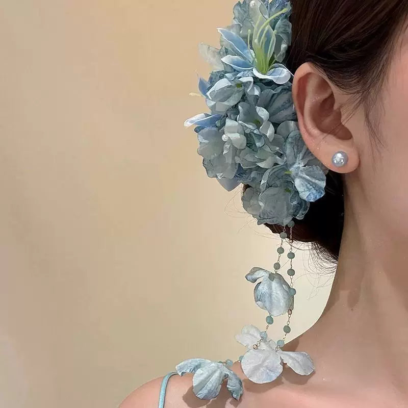 Petals & Pearls Vintage Floral Tassel Hair Clip - Romantic Seaside Aesthetic