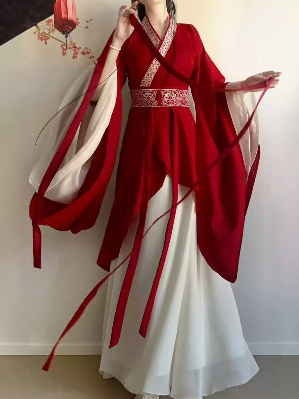 Red Wei–Jin Style Ethereal Cross Collar Wide Long Sleeves Hanfu Set