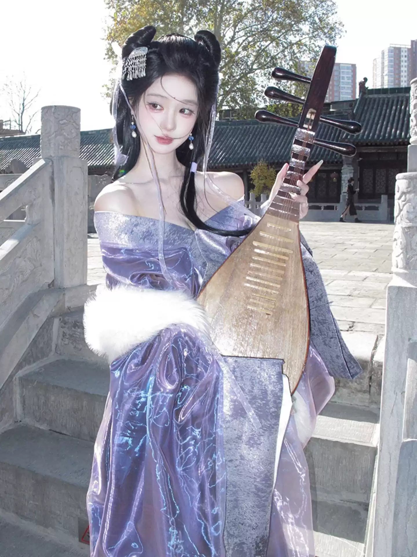 Purple Elegant Flowing Long Sleeves  Warring States Hanfu Robe Set