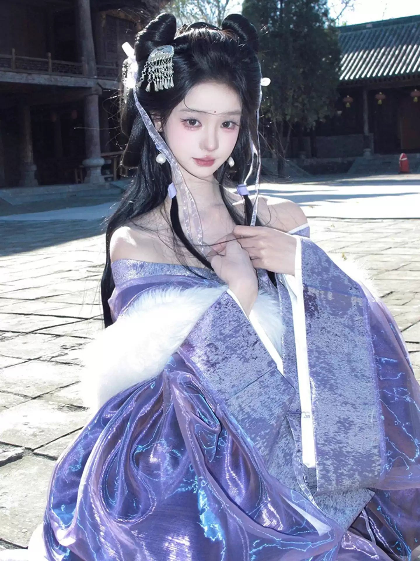 Purple Elegant Flowing Long Sleeves  Warring States Hanfu Robe Set