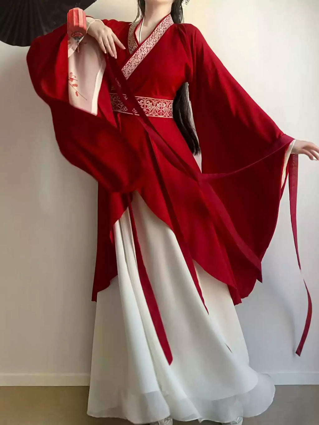 Red Wei–Jin Style Ethereal Cross Collar Wide Long Sleeves Hanfu Set