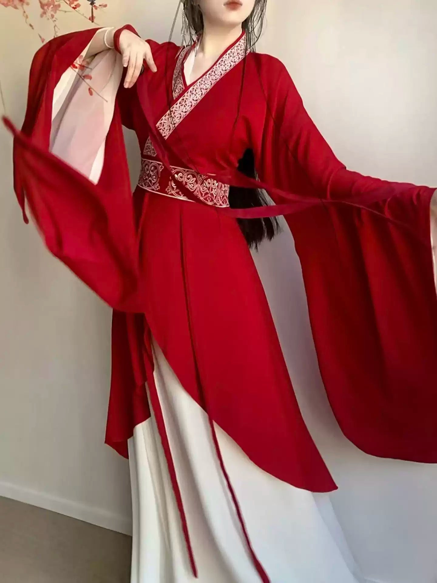 Red Wei–Jin Style Ethereal Cross Collar Wide Long Sleeves Hanfu Set