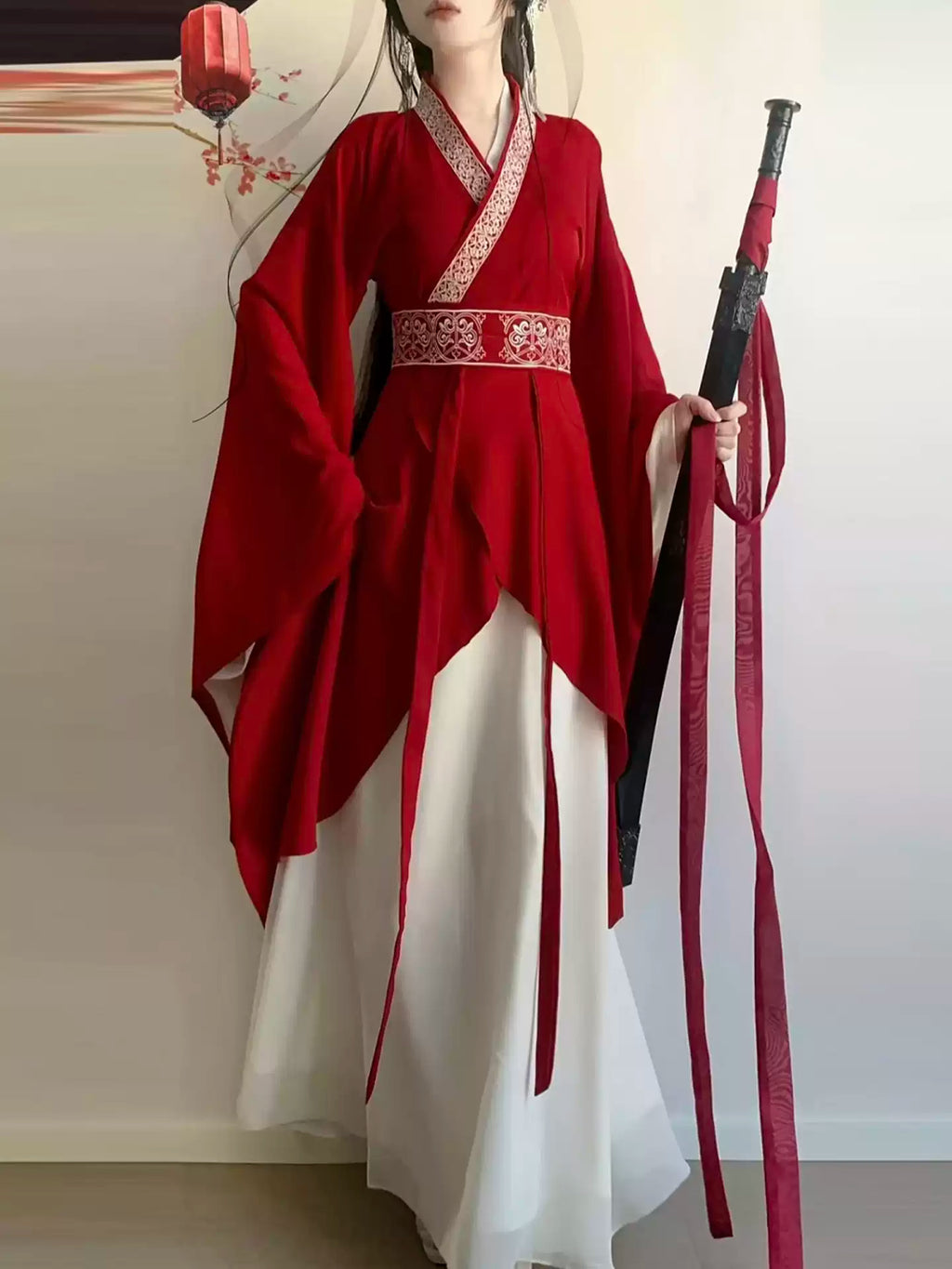 Red Wei–Jin Style Ethereal Cross Collar Wide Long Sleeves Hanfu Set